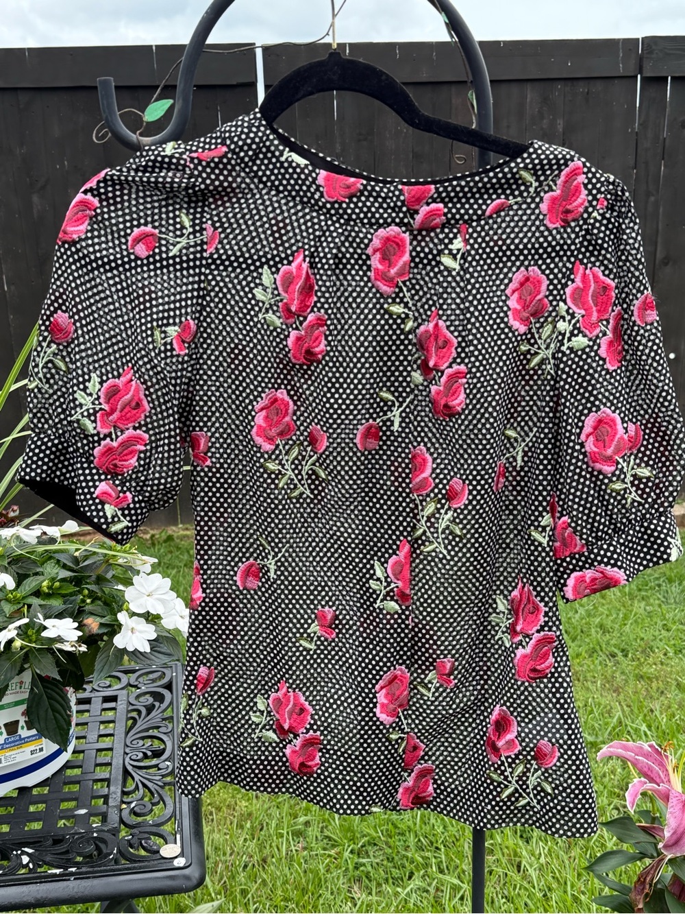 “Bryan Bradley Embroidered Rose Polka Dot Puff Sleeve Blouse Size 6”